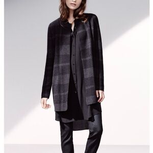 Eileen Fisher Plaid Charcoal Merino Cardigan Coat Jacket, Open Front, L